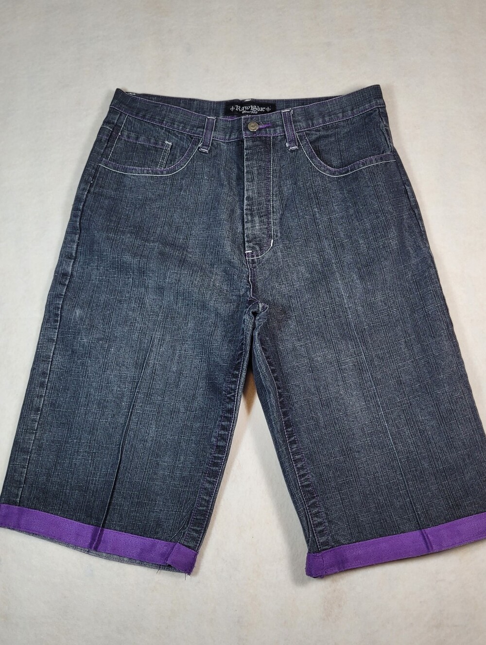 Raw Blue The Denim Kuriz Purple Embroidered Jean Shorts Mens Sz 38
